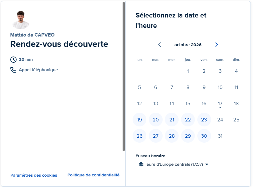 Aperçu de la prise de rendez-vous intégrée au site